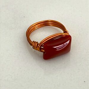 Hand-crafted Artisan Wire Wrapped Ring with Rectangular Smooth Agate Stone